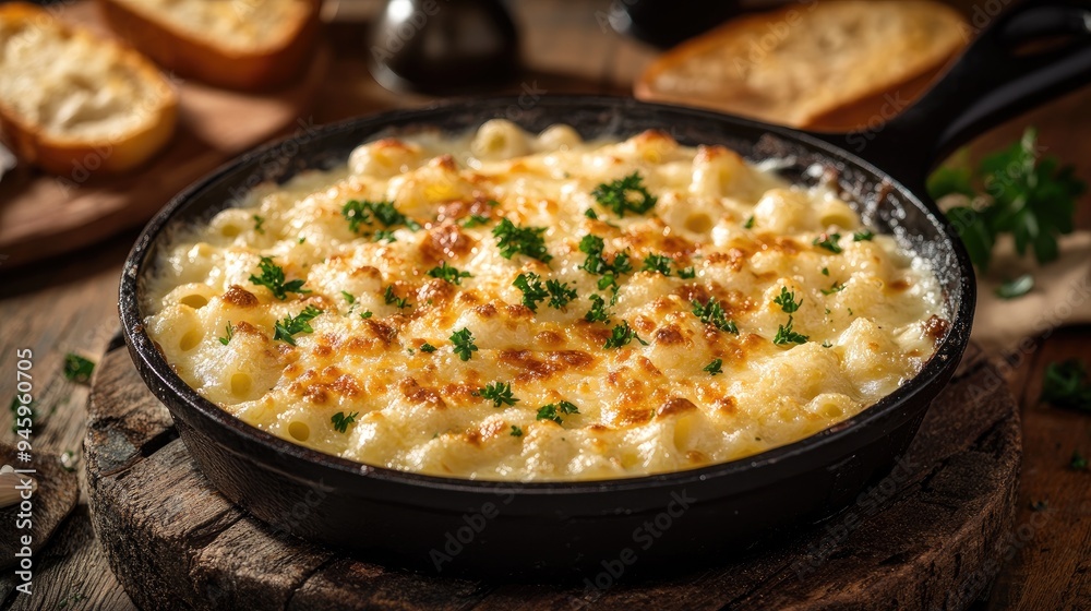 A hot skillet of cheesy macaroni and cheese, with a golden-brown crust, garnished with parsley, served on a rustic table with a side of garlic bread. A hot skillet of cheesy macaroni and cheese, with a golden-brown crust, garnished with parsley, served on a rustic table with a side of garlic bread.