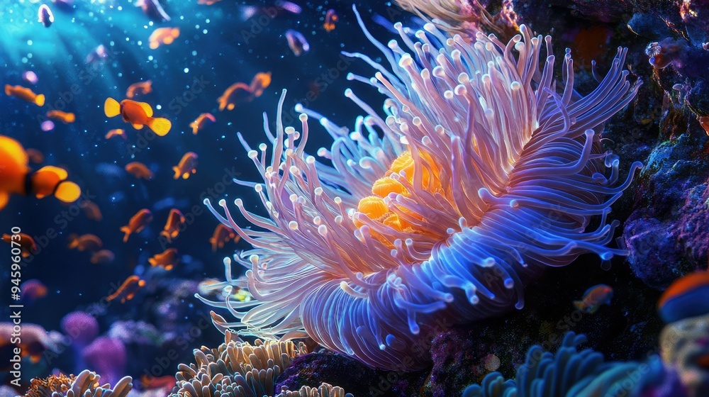 Detailed view of a bubble anemone nestled among the corals, its glowing tentacles catching the light, surrounded by small fish on a tropical reef Detailed view of a bubble anemone nestled among the corals, its glowing tentacles catching the light, surrounded by small fish on a tropical reef