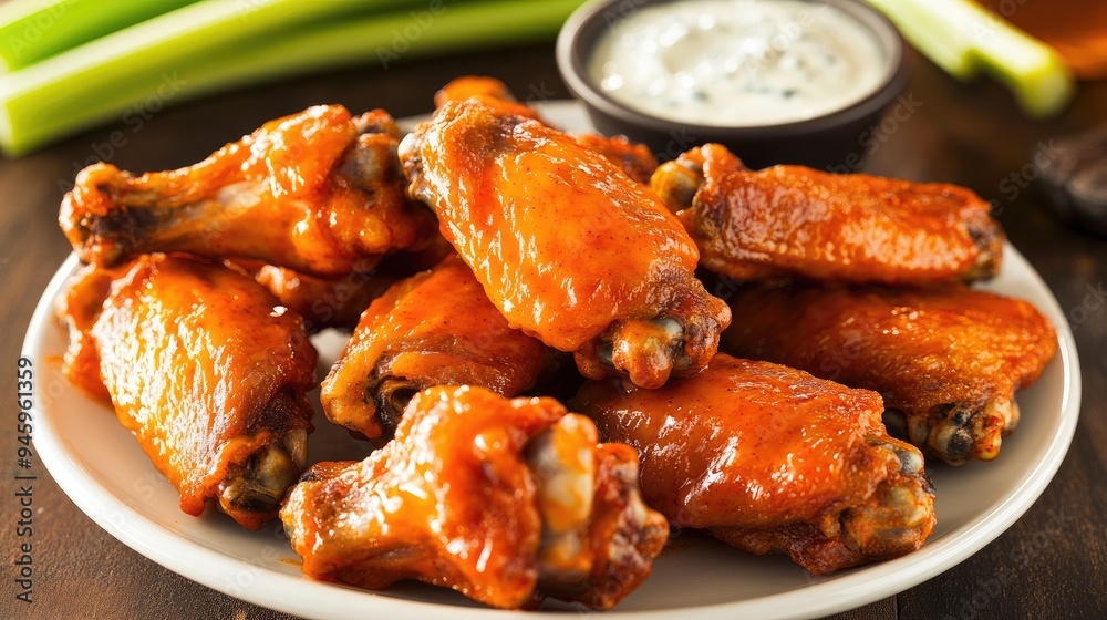 A plate of spicy buffalo wings fresh from the oven, with celery sticks and a bowl of creamy blue cheese dipping sauce on the side. A plate of spicy buffalo wings fresh from the oven, with celery sticks and a bowl of creamy blue cheese dipping sauce on the side.