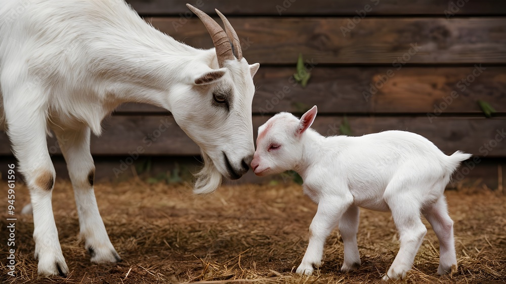 Heartwarming Photograph of a White Goat Nuzzling Its Newborn Kid in a Picturesque Barnyard, Capturing the Beauty and Innocence of Farm Life Heartwarming Photograph of a White Goat Nuzzling Its Newborn Kid in a Picturesque Barnyard, Capturing the Beauty and Innocence of Farm Life
