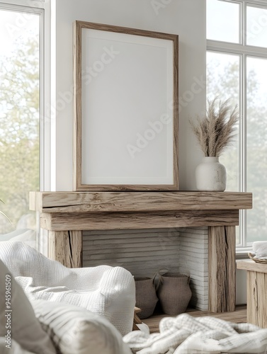 3D Rendered Mockup Frame Showcased on Wooden Mantel in Warm Cozy Farmhouse Living Space with Neutral Textiles and Large Windows for Scandinavian Minimalist Interior Design and Decor