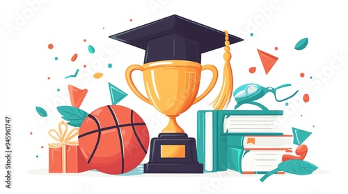 Wallpaper Mural Illustration featuring a trophy, basketball, books, and graduation cap, symbolizing achievement and celebration in education and sports. Torontodigital.ca