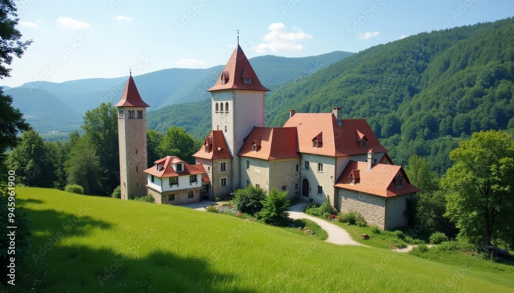 Enchanting European castle nestled amidst verdant hills Enchanting European castle nestled amidst verdant hills