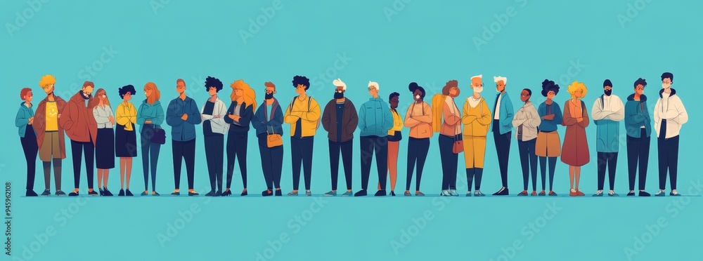 In this simple line drawing, many people stand in front, each with a different hair color and skin tone. The background is a solid blue without shadows or details. In this simple line drawing, many people stand in front, each with a different hair color and skin tone. The background is a solid blue without shadows or details.