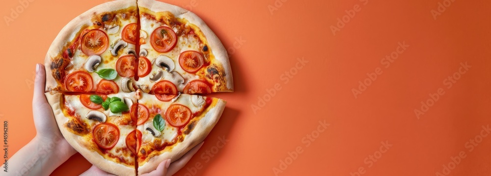 Heart-Shaped Pizza Topped With Tomatoes and Olives on Pink Background Heart-Shaped Pizza Topped With Tomatoes and Olives on Pink Background