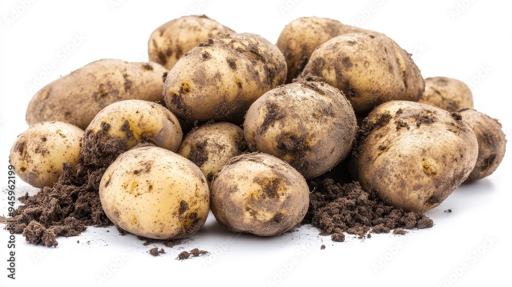 A pile of dirty potatoes on a white background. A pile of dirty potatoes on a white background.