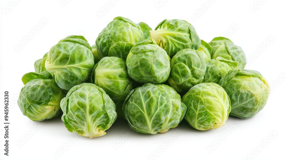 A pile of fresh Brussels sprouts on a white background. A pile of fresh Brussels sprouts on a white background.