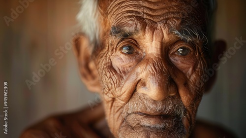 An elderly man sits quietly, his weathered face reflecting wisdom and calmness, capturing the essence of a lifetime filled with experiences and cultural depth. Generative AI photo