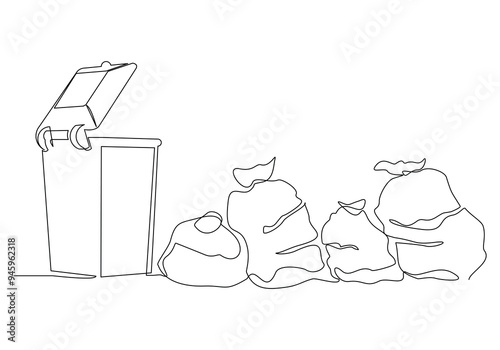 Continuous single line sketch drawing of recycle bin dustbin rubbish bin and trash garbage bag home appliance kitchenware tools one line vector illustration