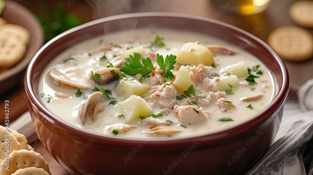 A steaming bowl of clam chowder with chunks of clams, potatoes, and celery, garnished with fresh parsley, served with oyster crackers on the side. A steaming bowl of clam chowder with chunks of clams, potatoes, and celery, garnished with fresh parsley, served with oyster crackers on the side.