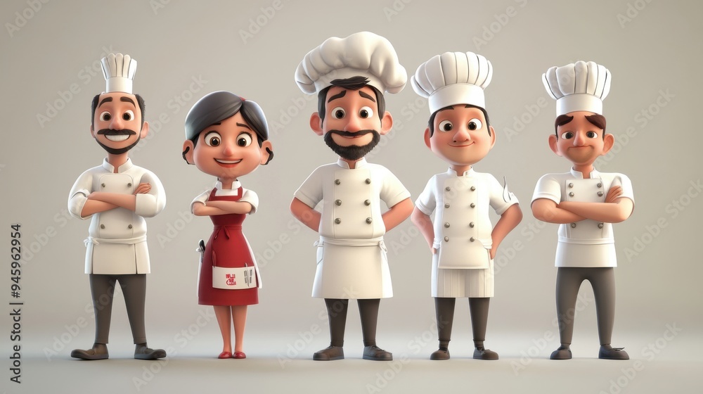 3D cartoon representation of restaurant personnel, including a chef, cooks 3D cartoon representation of restaurant personnel, including a chef, cooks
