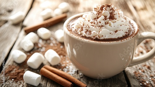 A steaming cup of hot chocolate topped with whipped cream and a sprinkle of cocoa powder, sitting on a wooden table with marshmallows and a cinnamon stick.