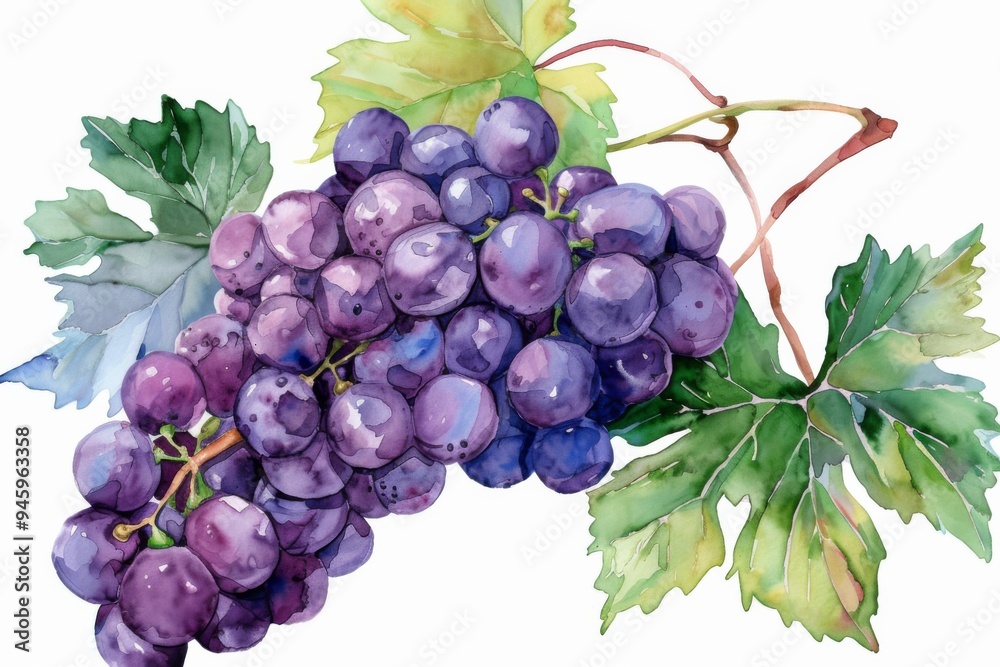 Fototapeta premium watercolor grape beautiful fruit with leaves,white background