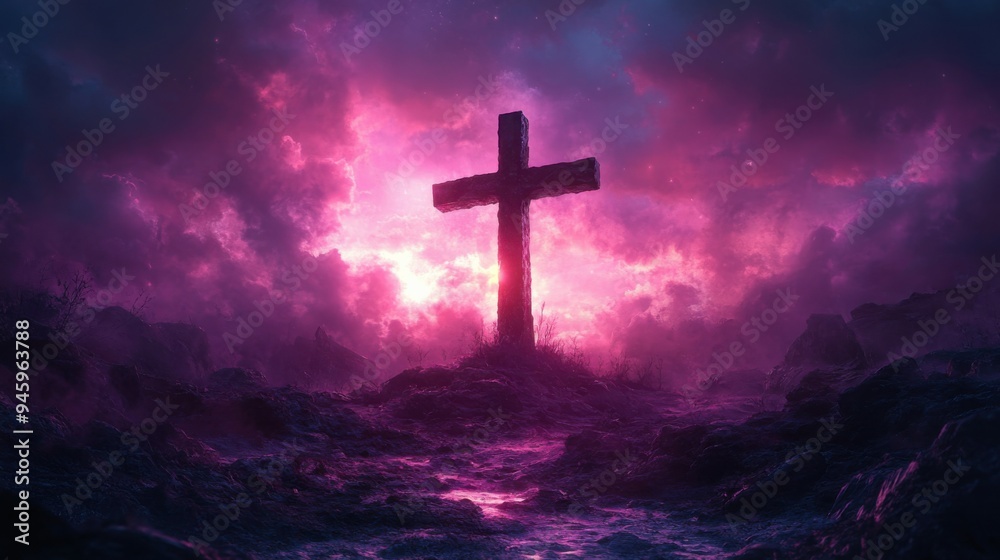 A simple cross on a hill surrounded by swirling purple and blue smoke, symbolizing sacrificial love and spiritual reflection at dusk. A simple cross on a hill surrounded by swirling purple and blue smoke, symbolizing sacrificial love and spiritual reflection at dusk.