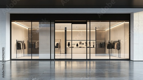 Elegant fashion store front with large glass windows in a downtown mall, showcasing the latest trends in a sophisticated setting.