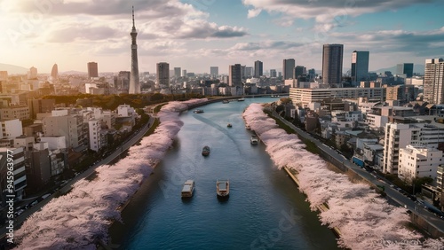 Stunning Cinematic Aerial Shot of Sumida River in Tokyo, Japan, with Cherry Blossoms and Skyscrapers, Capturing the Harmony Between Nature and Urban Life