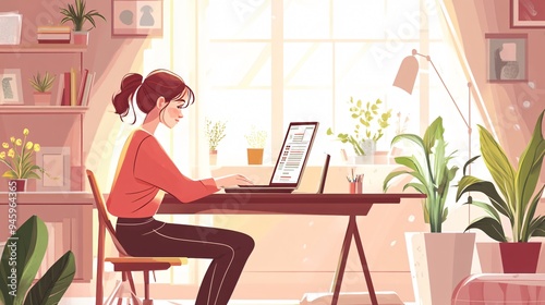 Professional Home Workspace with Cute Girl Using Laptop at Desk