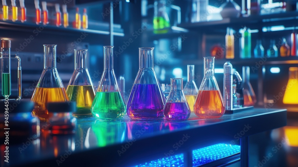 A modern chemistry lab setup with vibrant liquids in beakers and test tubes, showcasing high-precision instruments and colorful chemical reactions in a clean, well-organized environment A modern chemistry lab setup with vibrant liquids in beakers and test tubes, showcasing high-precision instruments and colorful chemical reactions in a clean, well-organized environment