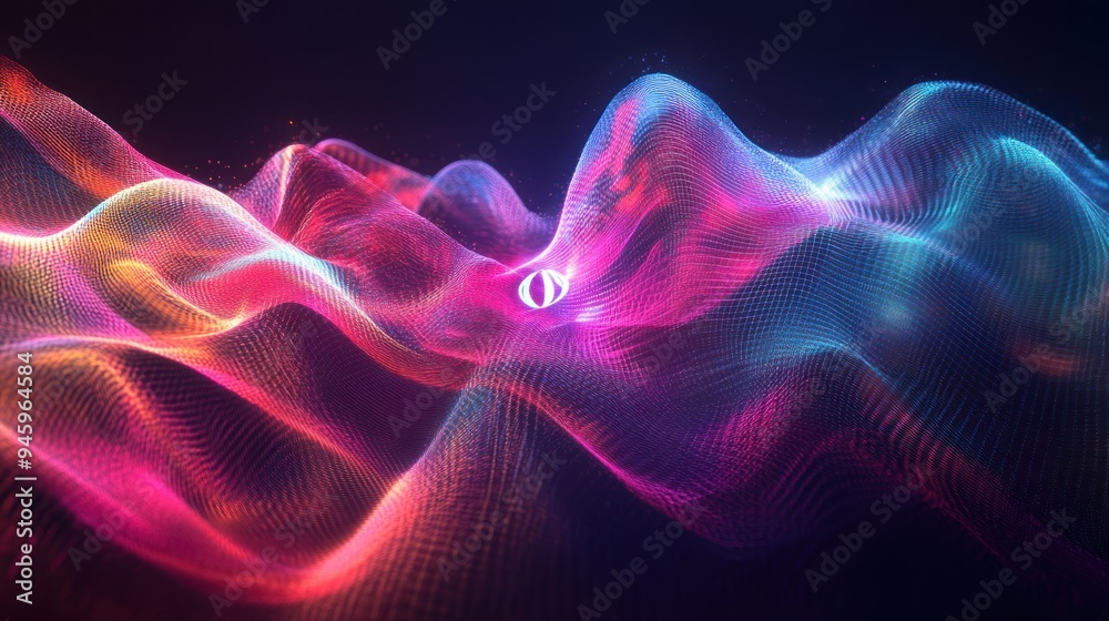 A colorful, abstract wave pattern with a purple and pink eye in the middle A colorful, abstract wave pattern with a purple and pink eye in the middle
