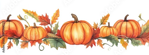 A watercolor border of autumn leaves and pumpkins on a white background with pastel colors can be seen in this stock image