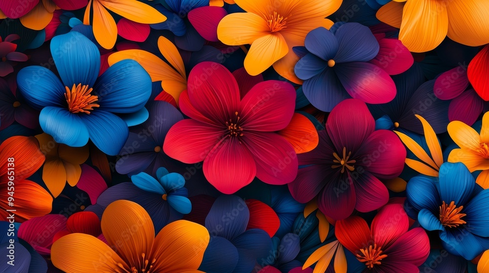 A pattern of abstract flowers and petals, with bold colors and dynamic shapes