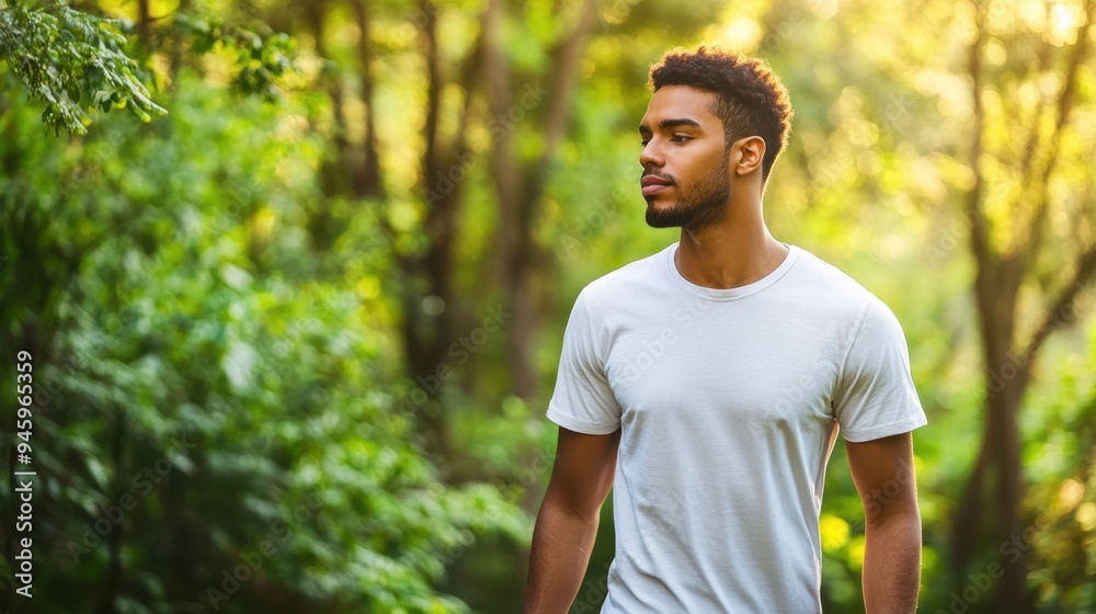Serene Young Man Enjoying Peaceful Forest Walk Serene Young Man Enjoying Peaceful Forest Walk