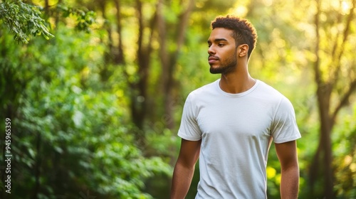 Serene Young Man Enjoying Peaceful Forest Walk