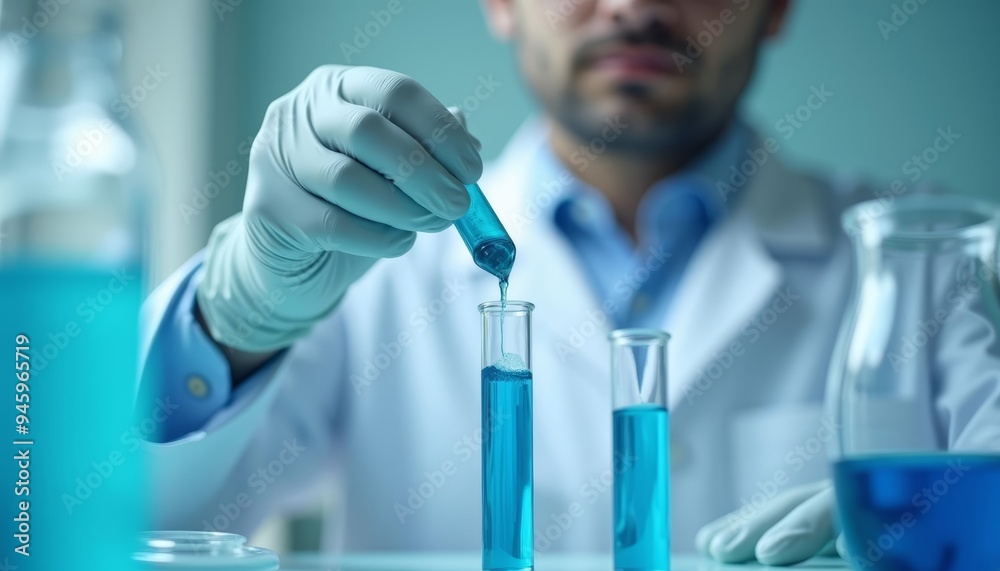 Experimenting with precision A scientist meticulously measures blue liquid into a test tube Experimenting with precision A scientist meticulously measures blue liquid into a test tube
