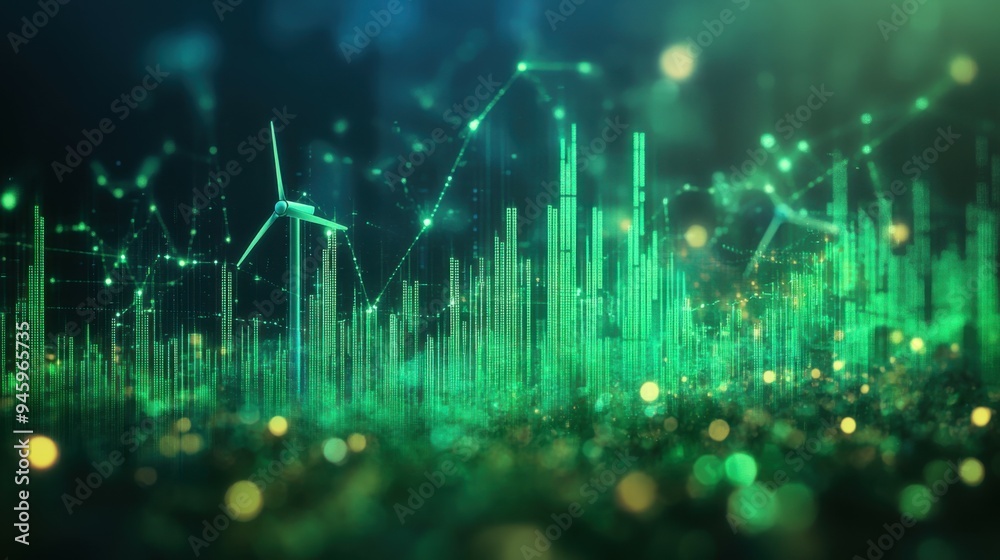 Futuristic visualization of stock market graphs interwoven with wind turbines, reflecting positive economic trends in ecological analytics. Futuristic visualization of stock market graphs interwoven with wind turbines, reflecting positive economic trends in ecological analytics.