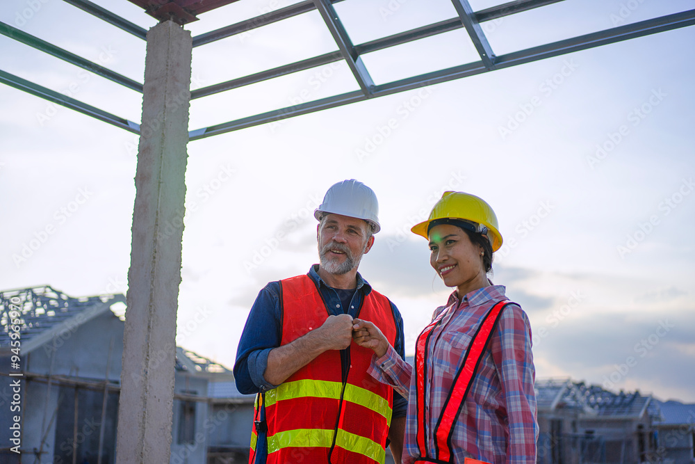 Blue collar workers are building house. Blue collar workers are building house.