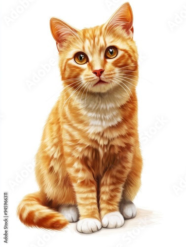 A cat with a yellow face is sitting on a white background. The cat has a very cute and friendly expression , ai