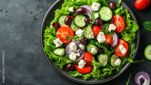 Vegetable Salad With Fresh Cucumber Tomato, Onion and Olive Oils on dark background. 