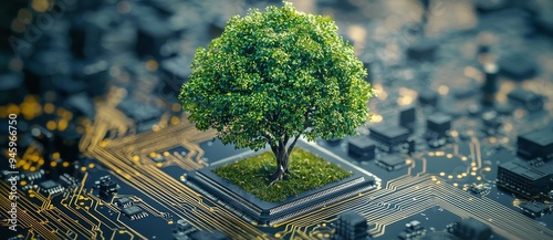 The tree on the chip is a combination of technology and nature, where wire roots resemble wires. The chip is machine-made, and the roots look like wires.