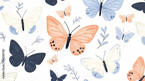 A pattern of stylized butterflies in flight, with delicate wings and intricate details