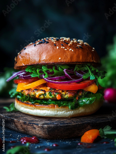 vegetable, burger, fresh, vegetarian, salad, bread, healthy, wooden, hamburger, veggie, sandwich, lunch, green, homemade, vegan, snack, delicious, food, meat, meal, raw, carrot, onion, diet, tomato, a photo