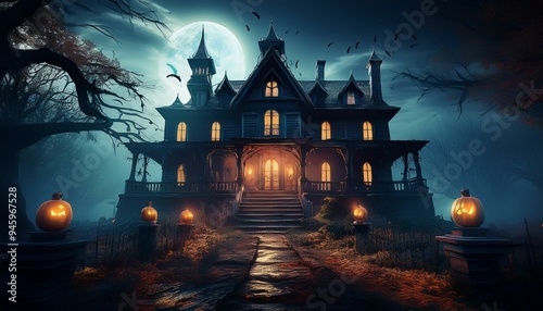 Creepy old Halloween haunted house mansion at night photo