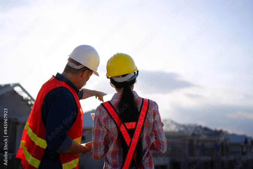 Blue collar workers are building house. Blue collar workers are building house.
