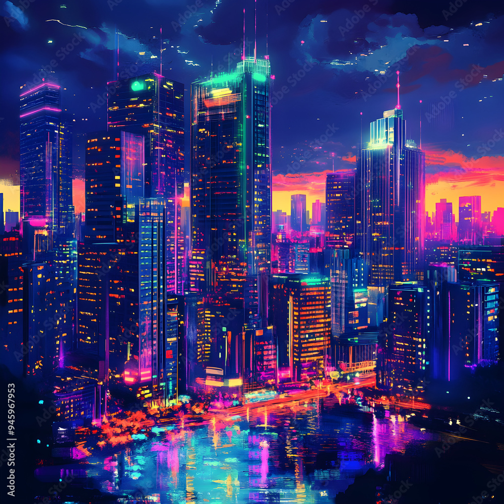 Fototapeta premium Digital vibrant and cityscape with neon lights image