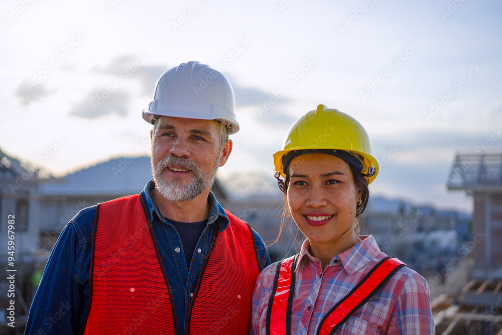 Blue collar workers are building house. Blue collar workers are building house.