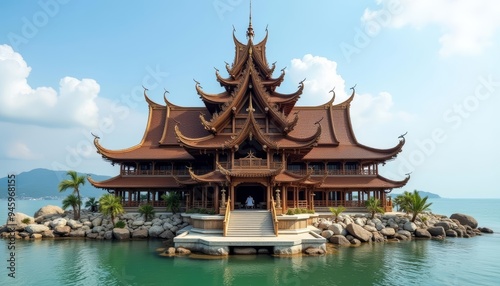 Elegant Asian temple on serene island