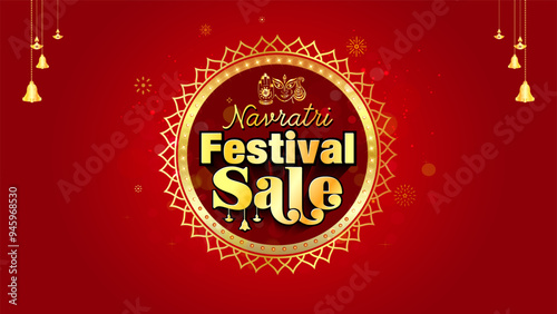 Navratri festive sale logo design with golden vintage ornament frame on red sparkle background.