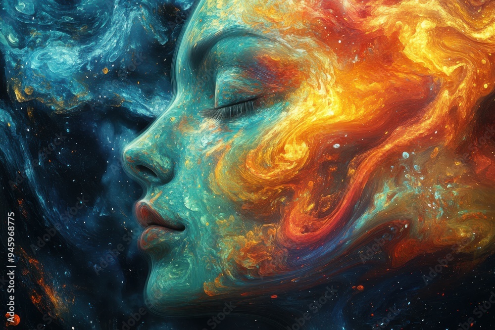 A vibrant human face dissolving into fractal patterns with surreal colors, blending reality and the psychedelic in an intense dreamlike experience. A vibrant human face dissolving into fractal patterns with surreal colors, blending reality and the psychedelic in an intense dreamlike experience.