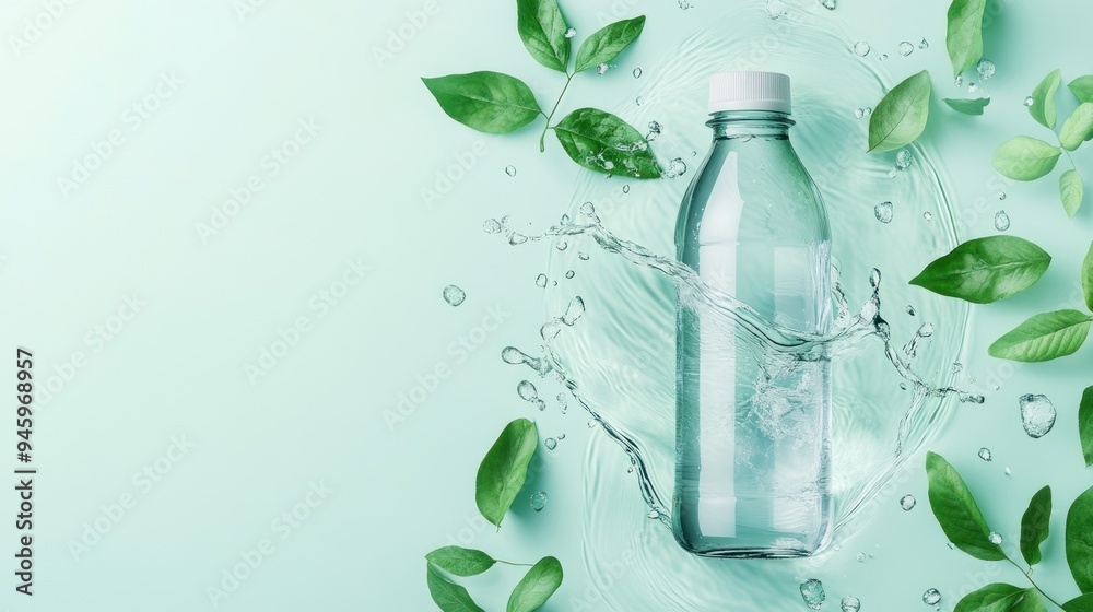 A bottle of water is surrounded by leaves and water droplets A bottle of water is surrounded by leaves and water droplets