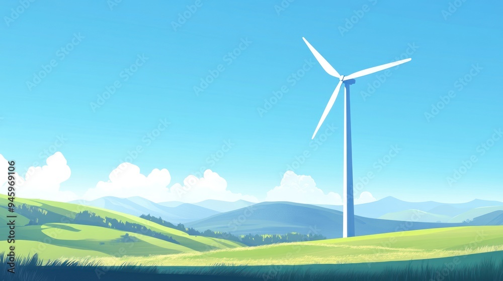 Obraz premium A wind turbine is standing in a field with a blue sky in the background