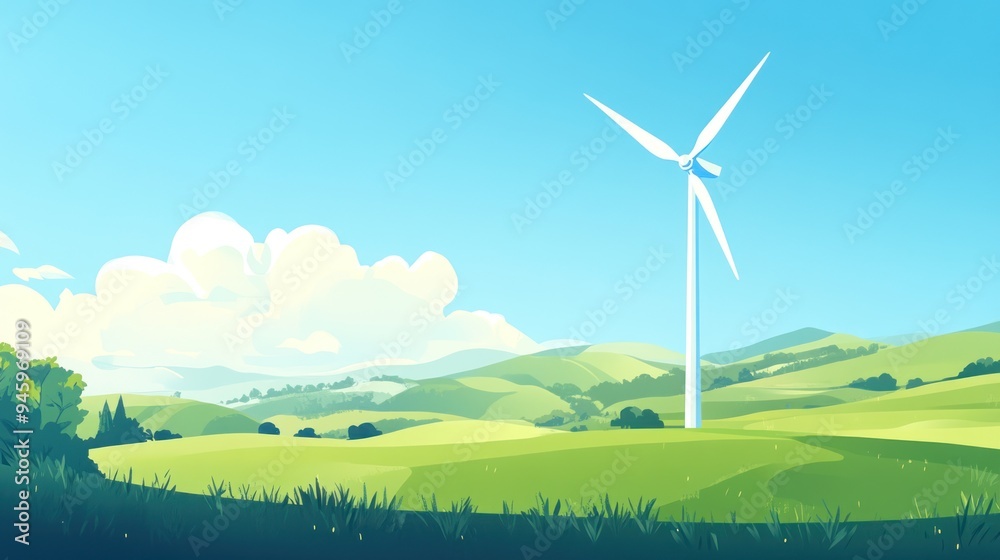 Fototapeta premium A wind turbine is standing in a field with a blue sky in the background