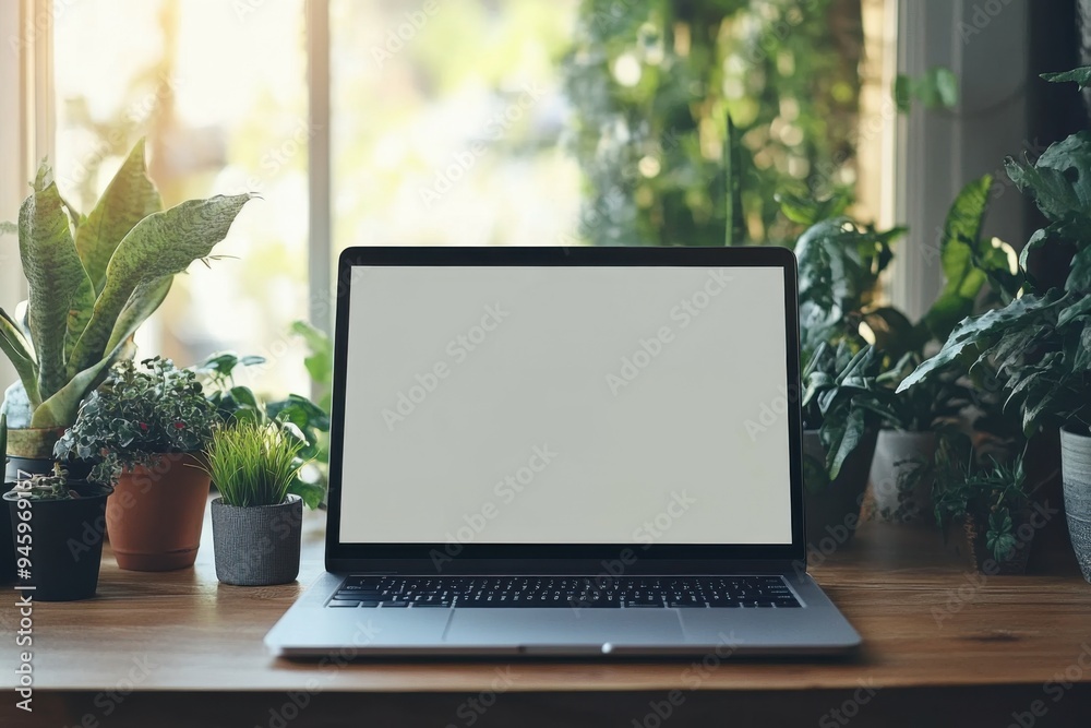 A blank screen laptop rests on a wooden desk, flanked by potted plants and office supplies. This well-lit workspace promotes creativity and productivity in a natural environment A blank screen laptop rests on a wooden desk, flanked by potted plants and office supplies. This well-lit workspace promotes creativity and productivity in a natural environment