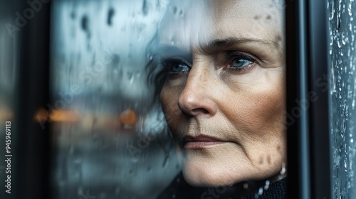 Pensive Woman Gazing Out Rainy Window