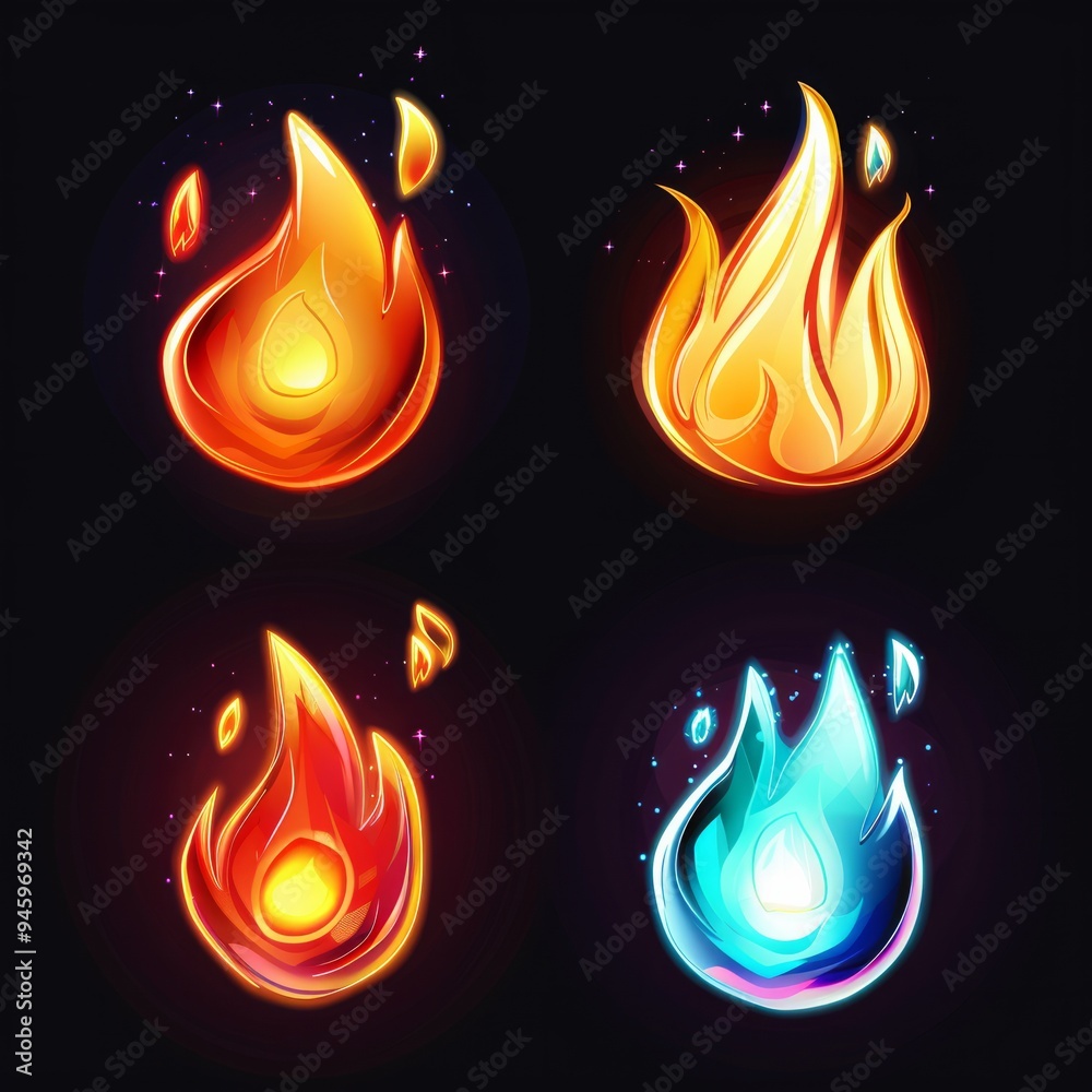 Set of four icons of fire for game Set of four icons of fire for game