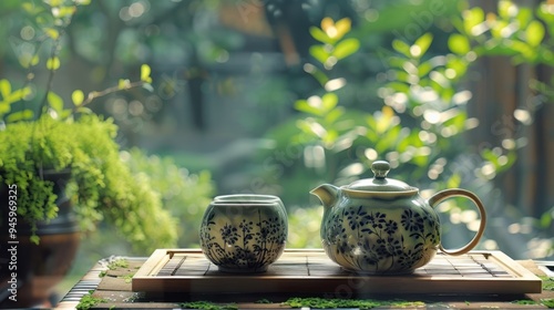 Traditional Japanese pitcher used for brewing green tea, typically made of ceramic with a fine mesh filter inside.