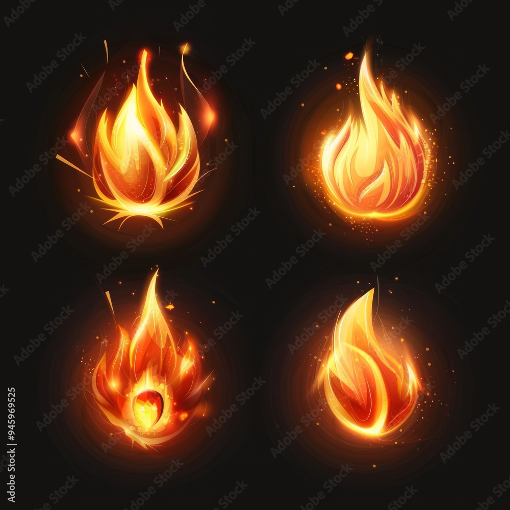 Set of four icons of fire for game Set of four icons of fire for game